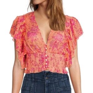 Free People Orange & Pink Flutter Sleeve Top